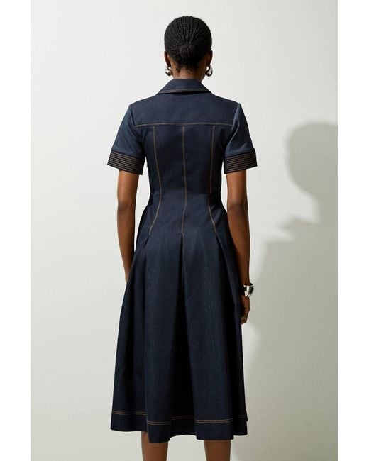 Karen Millen Blue Tailored Denim Full Skirted Midi Shirt Dress
