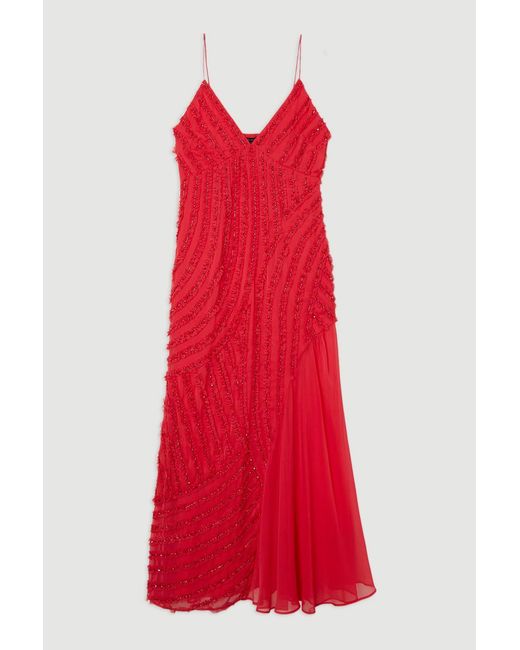 Karen Millen Red Embellished Ruffle Strappy Woven Maxi Dress