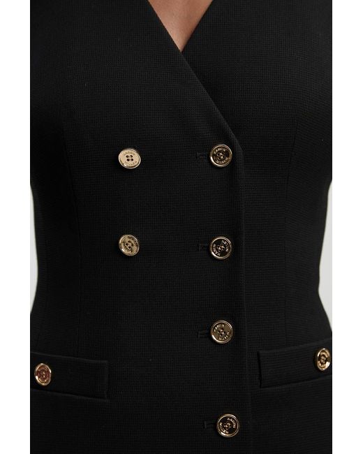 Karen Millen Black Textured Compact Stretch V Neck Button Detail Midi Dress