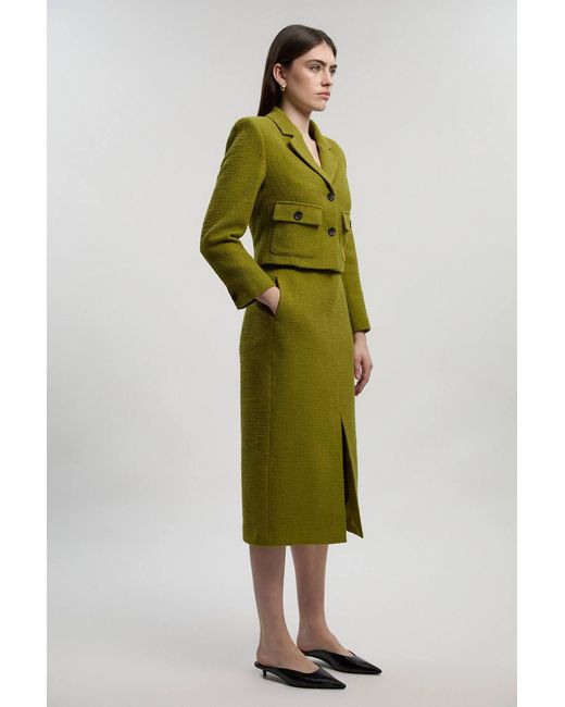 Karen Millen Green Textured Tweed Belted Tailored Pencil Skirt