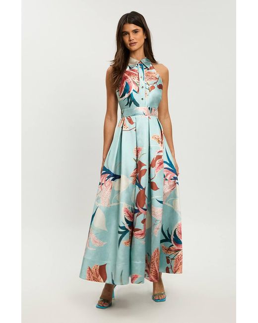 Karen Millen White Petite Lilly Print Twill Collared Maxi Dress