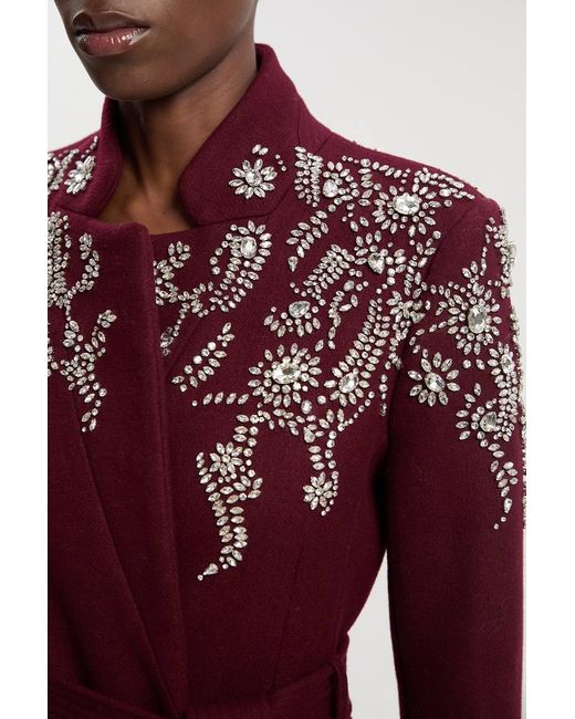 Karen Millen Red Wool Crystal Embellished Notch Neck Belted Maxi Coat