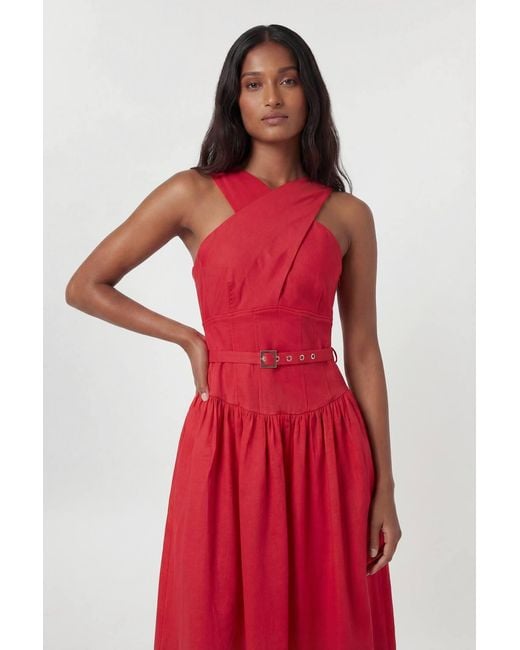 Karen Millen Premium Tailored Linen Halter Neck Belted Full Midi Dress