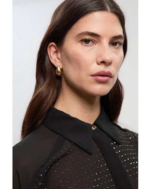 Karen Millen Black Hotfix Studded Long Sleeve Shirt Woven Maxi Dress