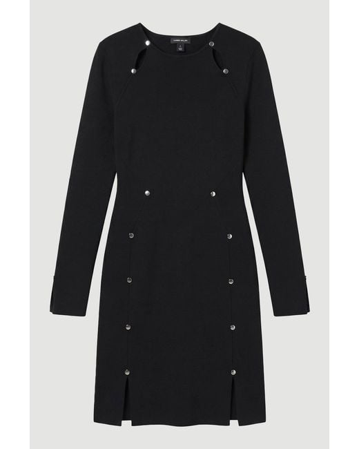 Karen Millen Black Viscose Blend Stud Keyhole Detail Knit Mini Dress