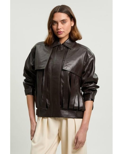 Karen Millen Black Leather Tassel Collared Jacket