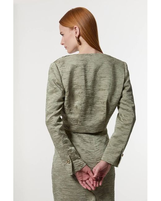 Karen Millen Green Crinkle Satin Button Front Cropped Tailored Jacket