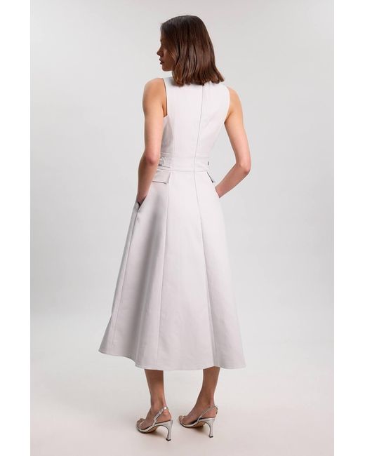 Karen Millen Gray Premium Cotton Tailored Fabric Belted Buckle Midi Dress