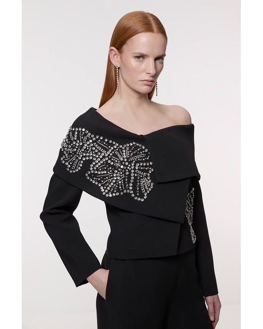 Karen Millen Black Placed Floral Crystal Embellished Tailored Asymmetric Jacket