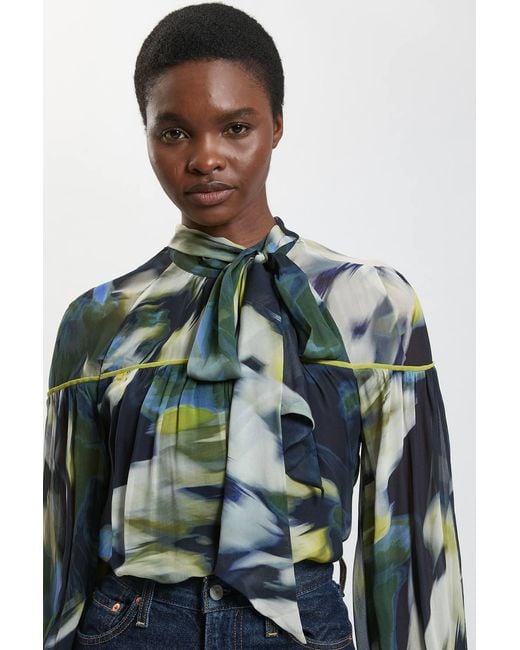 Karen Millen Blue Viscose Floral Print Woven Tie Neck Blouse