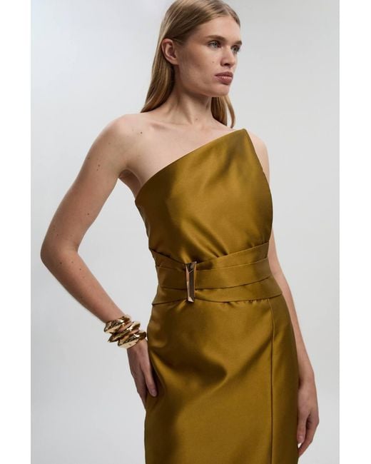 Karen Millen Green Satin Twill Trim Detail Structured Asymmetric Neck Tailored Midi Dress