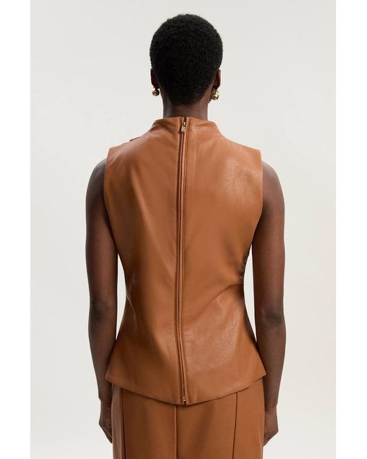 Karen Millen Brown Faux Leather Drape Sleeveless Top