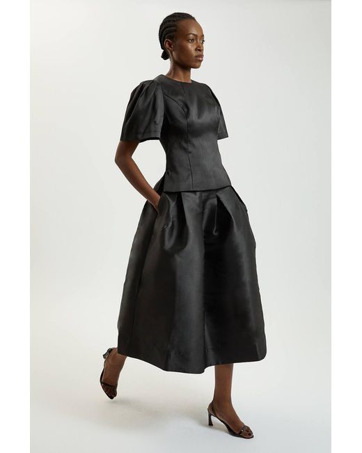 Karen Millen Black Satin Twill Puff Sleeve Top
