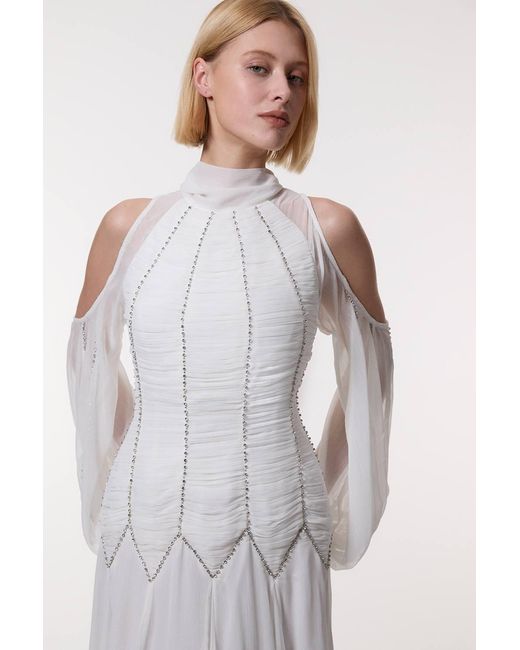 Karen Millen White High Neck Embellished Ruched Georgette Woven Maxi Dress