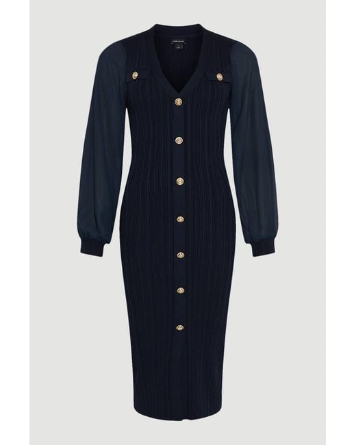 Karen Millen Blue Petite Forever Viscose Blend Rib Knit Chiffon Sleeve Midi Dress