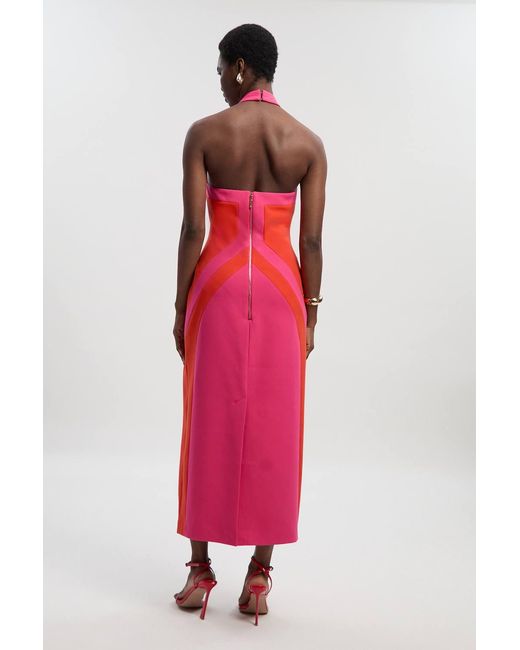 Karen Millen Compact Stretch Colour Block Tailored Halter Neck Midi Dress