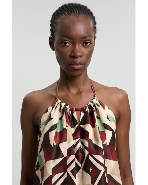 Karen Millen Multicolor Satin Viscose Geo Print Halterneck Top