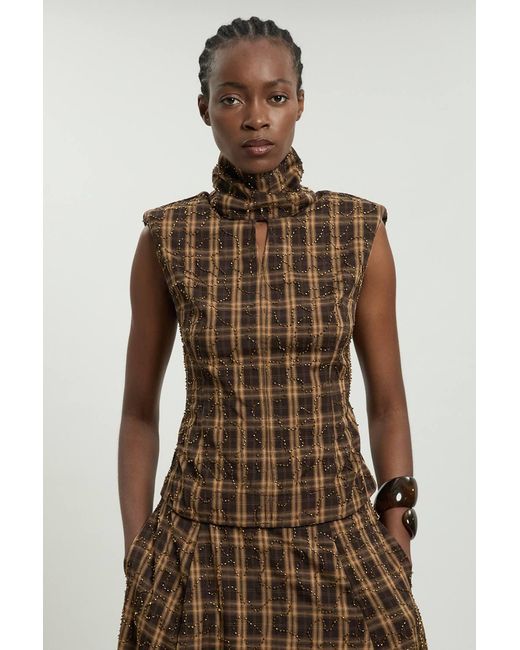 Karen Millen Brown Beaded Check Print High Neck Top