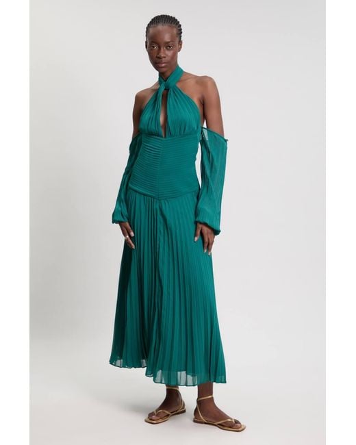 Karen Millen Green Crinkle Cold Shoulder Georgette Woven Maxi Dress