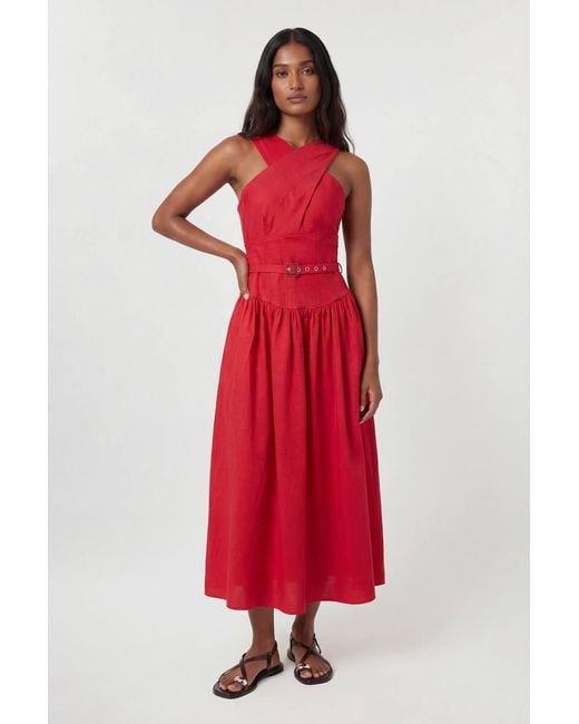 Karen Millen Premium Tailored Linen Halter Neck Belted Full Midi Dress