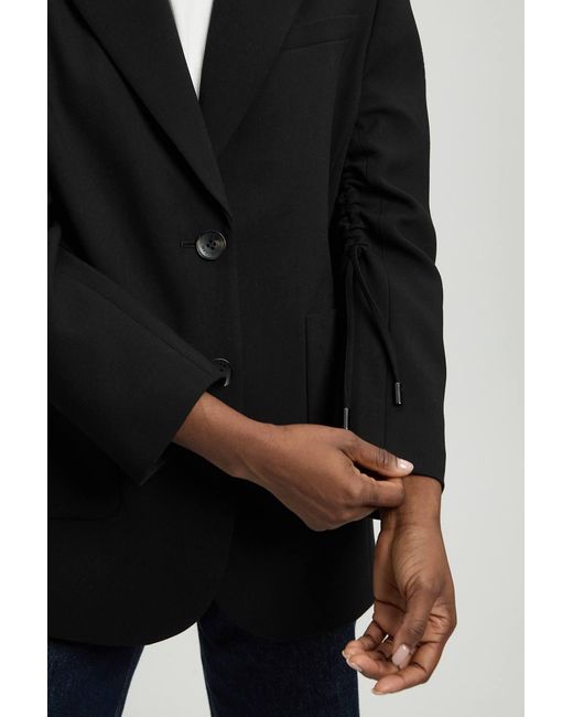 Karen Millen Black Compact Stretch Ruched Sleeve Detail Single Breasted Blazer