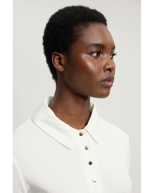 Karen Millen White Viscose Rib Jersey Long Sleeve Collared Button Top
