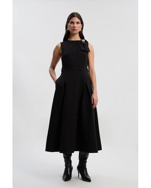 Karen Millen Black Compact Stretch Bow Tie Neck Trim Detail Tailored Full Midi Dress