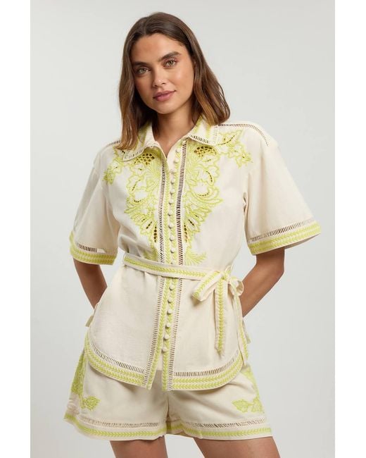 Karen Millen Natural Linen Blend Beaded Embroidery Shirt Co Ord