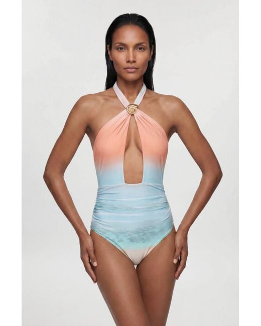 Karen Millen Blue Sunset Placement Print Swimsuit