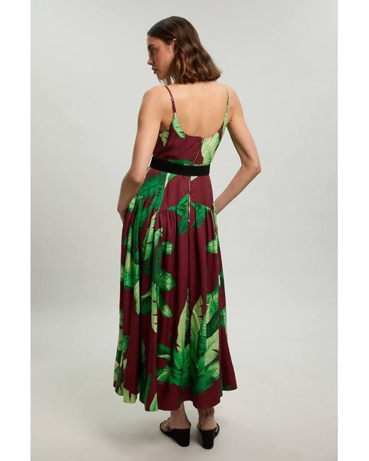Karen Millen Green Petite Viscose Linen Palm Tree Belted Drop Waist Woven Midi Dress