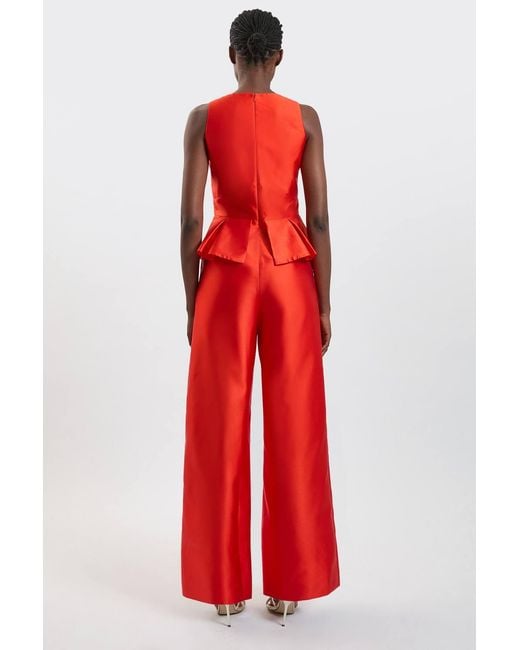 Karen Millen Red Satin Twill Peplum Wide Leg Jumpsuit