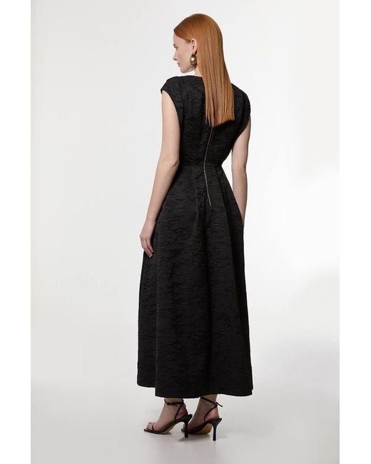Karen Millen Black Crinkle Satin Pleated Sleeveless Full Skirt Tailored Midi Dress