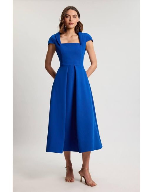 Karen Millen Blue Square Neck Tailored Full Skirted Maxi Dress
