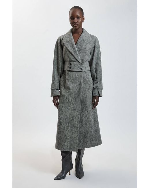 Karen Millen Gray Wool Herringbone Belted Maxi Trench Coat