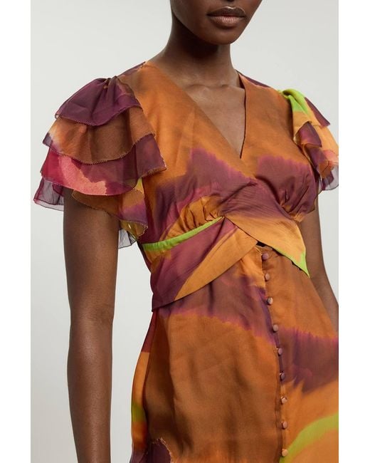 Karen Millen Red Abstract Print Ruffle Sleeve Button Through Midi Dress