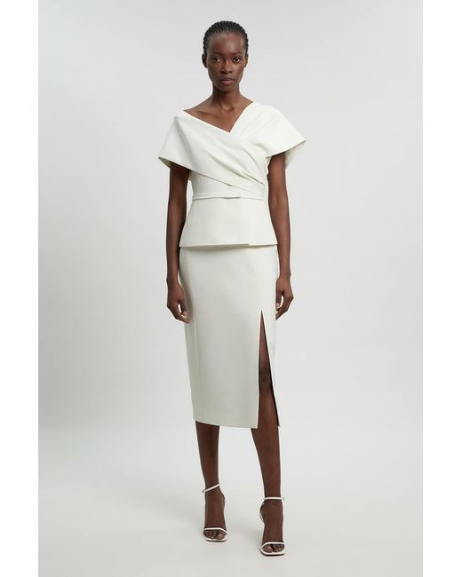 Karen Millen White Compact Viscose Stretch Tailored Peplum Midi Dress