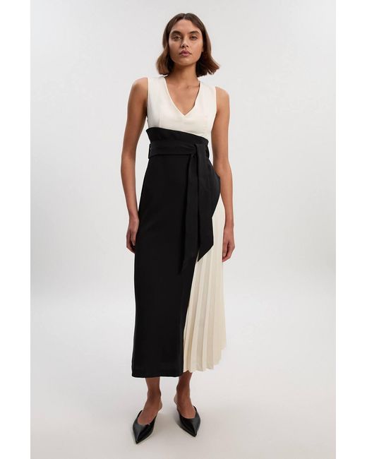 Karen Millen Black Petite Soft Tailored Colour Block Side Pleated Midi Dress