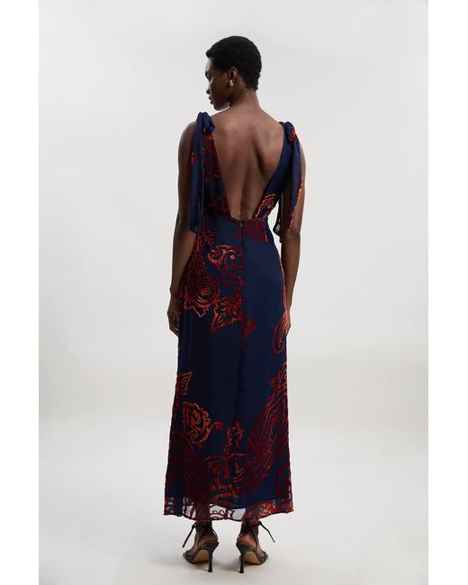 Karen Millen Blue Paisley Devore Plunge Woven Midi Dress