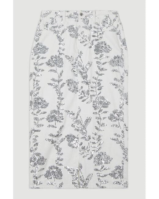 Karen Millen White Denim All Over Floral Sequin Skirt