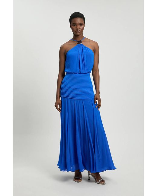 Karen Millen Blue Viscose Georgette Drop Hem Woven Halter Neck Maxi Dress