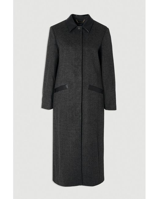 Karen Millen Black Brushed Wool Check Pu Mix Tailored Midi Coat