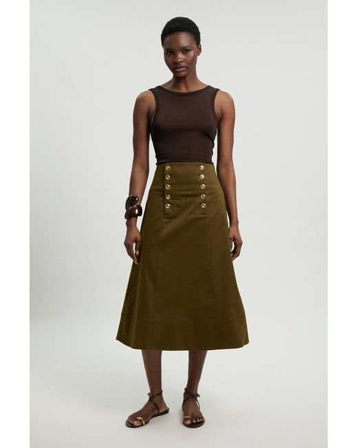 Karen Millen Green Cotton Tailored Button Detail Midi Skirt
