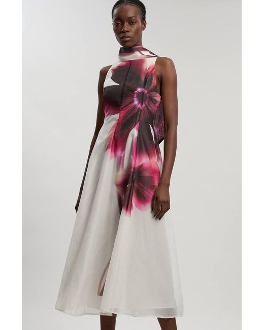 Karen Millen Pink Petite Photographic Floral Organza Scarf Detail Woven Maxi Dress