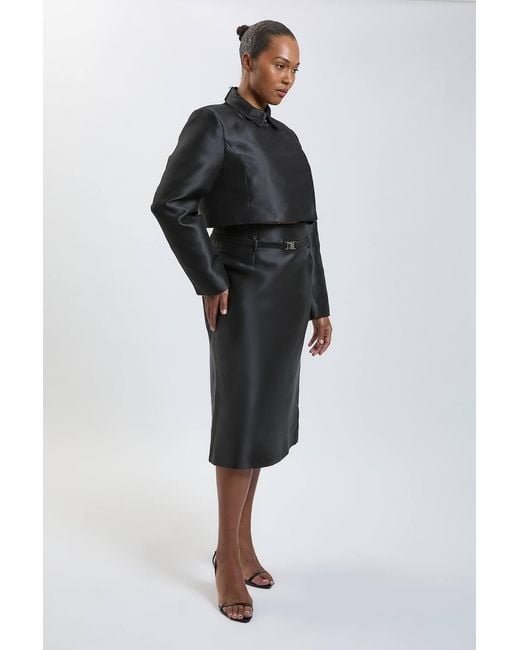 Karen Millen Black Plus Size Forever Satin Twill Belted Tailored Midi Skirt