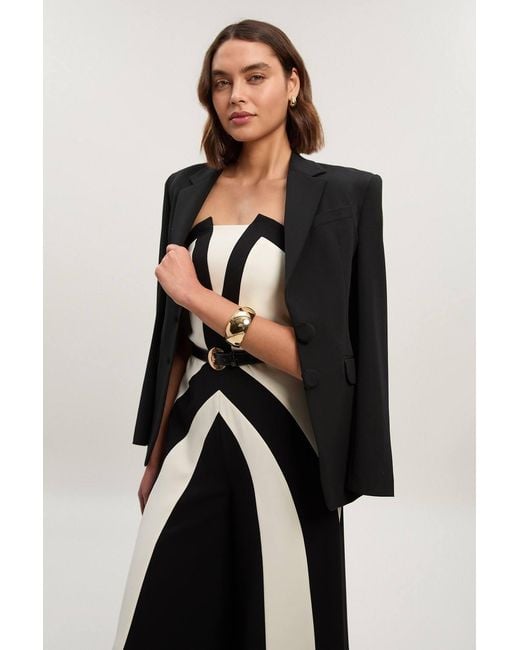 Karen Millen Blue Compact Stretch Colour Block Tailored Bandeau Jumpsuit