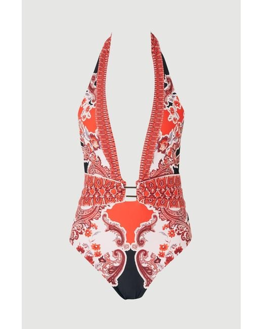 Karen Millen Scarf Mirrored Print Plunge Swimsuit