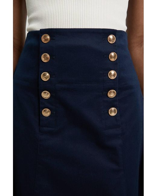 Karen Millen Blue Cotton Tailored Button Detail Midi Skirt