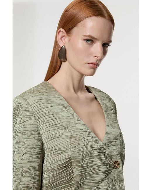 Karen Millen Green Crinkle Satin Button Front Cropped Tailored Jacket