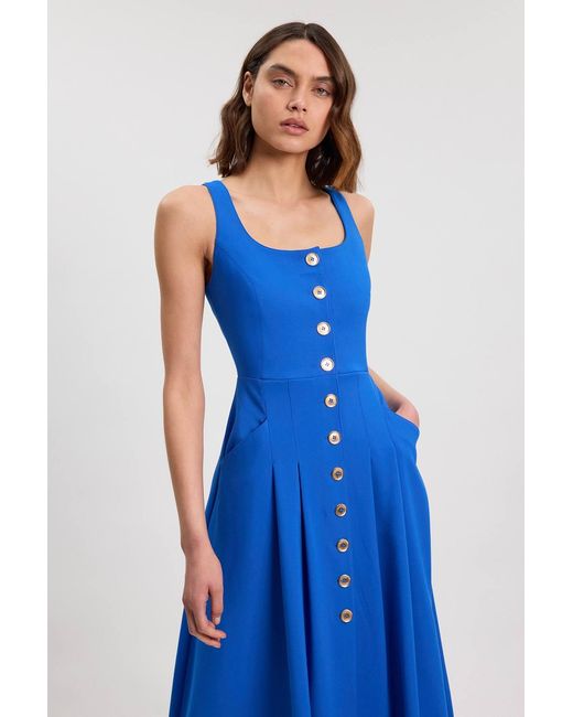 Karen Millen Blue Tailored Button Though Strappy Full Midi Dress