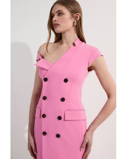 Karen Millen Pink Compact Stretch Asymmetric Collar Tailored Pencil Maxi Dress